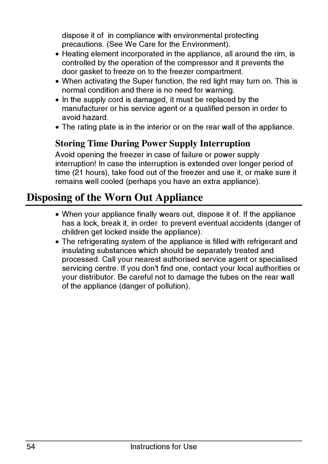 Smeg UKVI144B manual Disposing of the Worn Out Appliance, Storing Time During Power Supply Interruption 