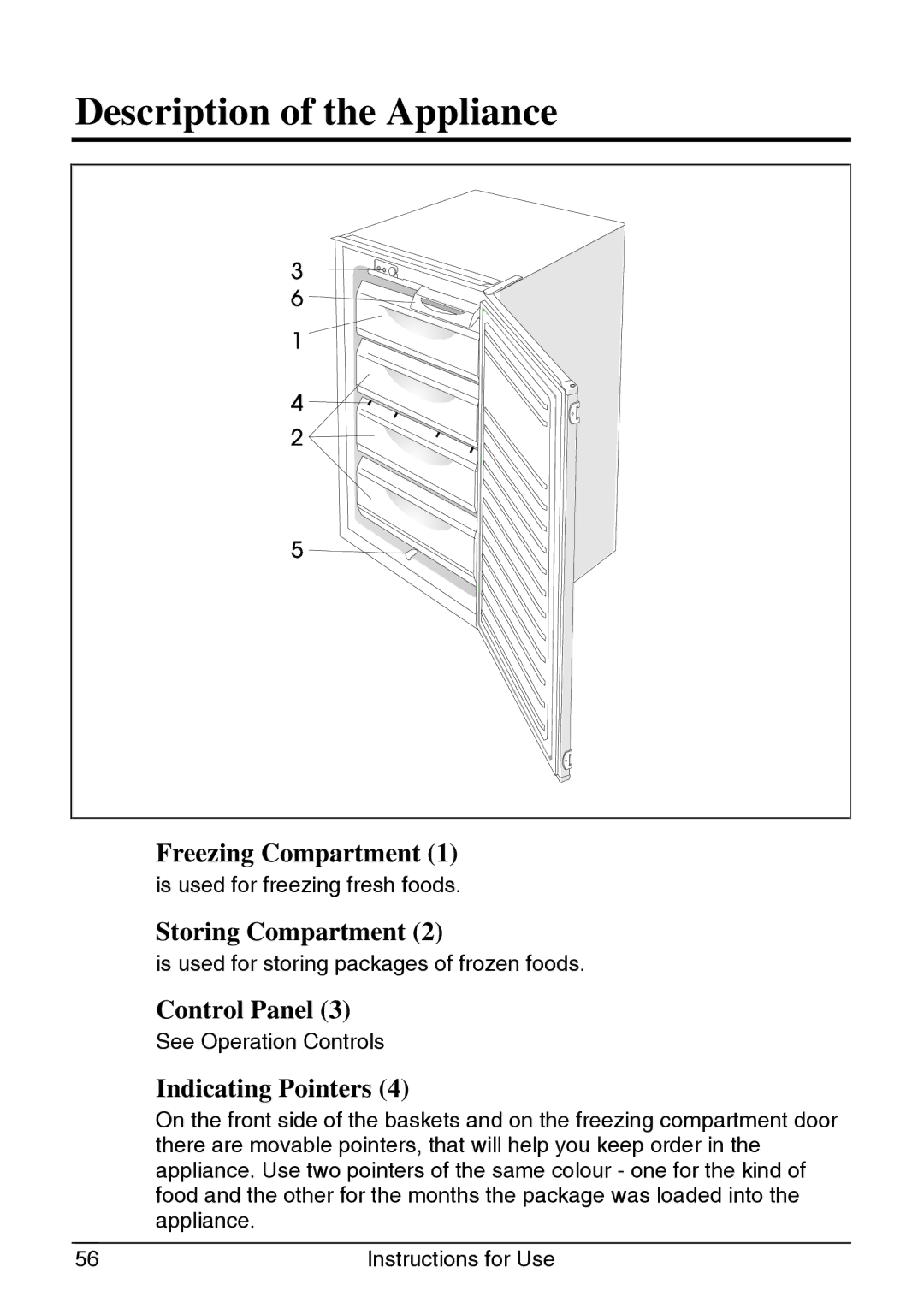 Smeg UKVI144B Description of the Appliance, Freezing Compartment, Storing Compartment, Control Panel, Indicating Pointers 