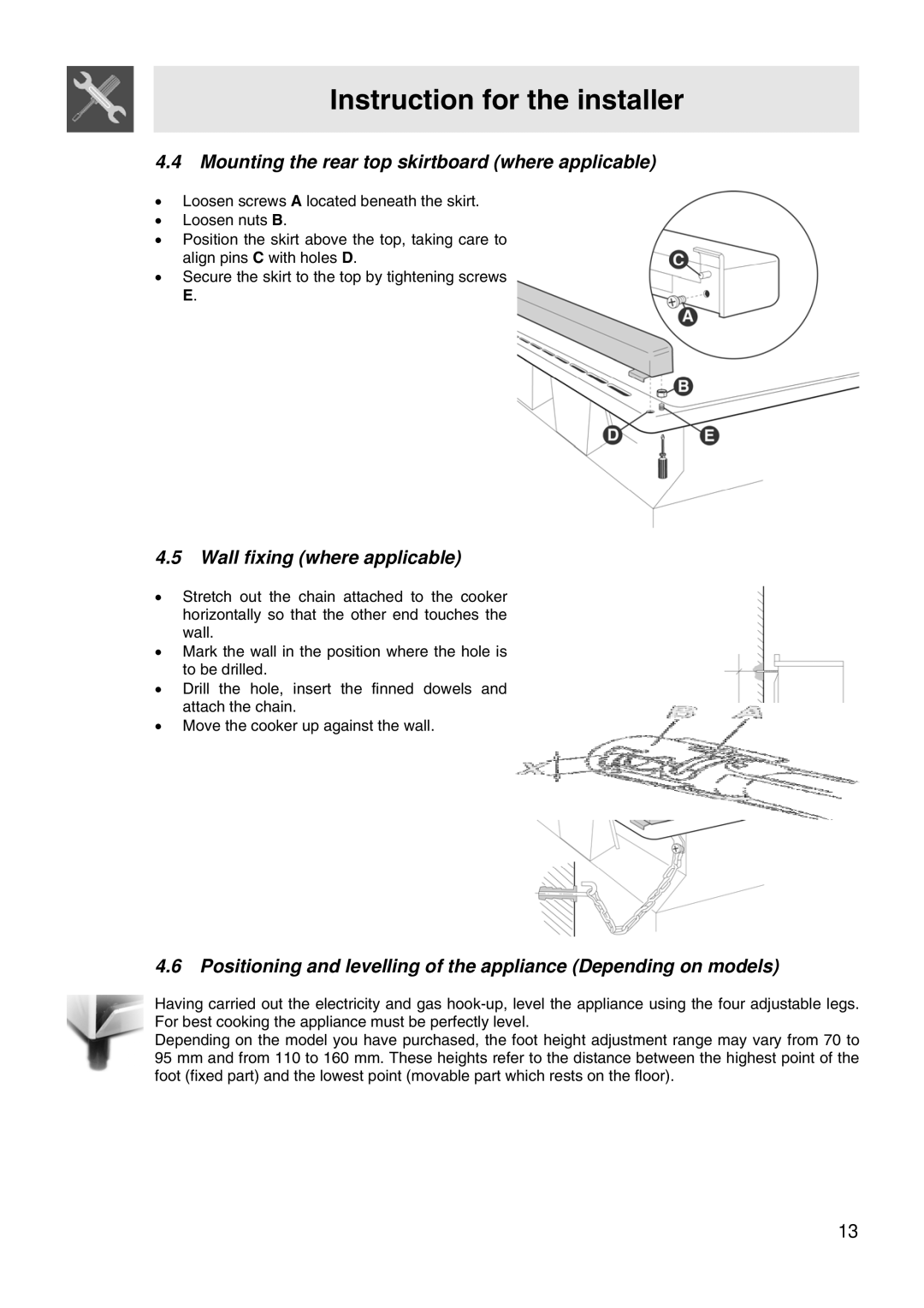 Smeg VA61XVG, VA91XVG manual Mounting the rear top skirtboard where applicable, Wall fixing where applicable 