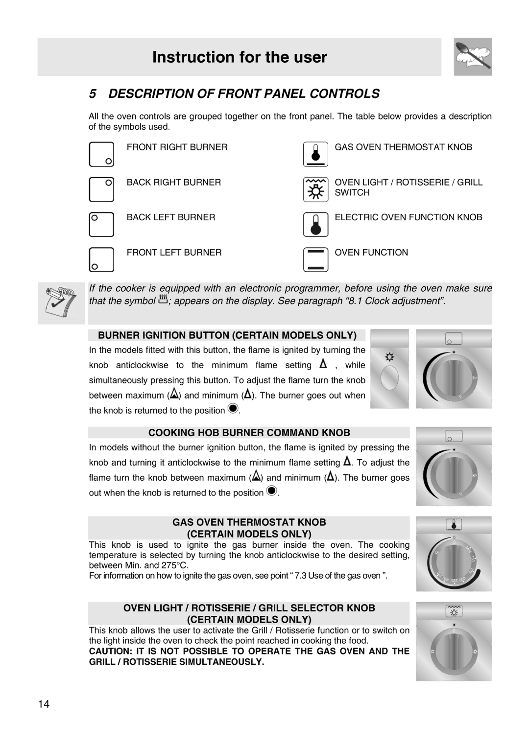 Smeg VA91XVG, VA61XVG manual Instruction for the user, Description of Front Panel Controls 