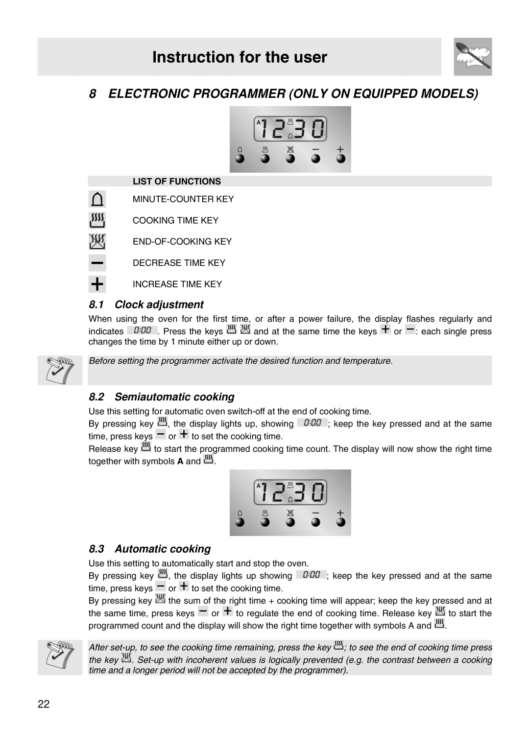 Smeg VA91XVG Electronic Programmer only on Equipped Models, Clock adjustment, Semiautomatic cooking, Automatic cooking 