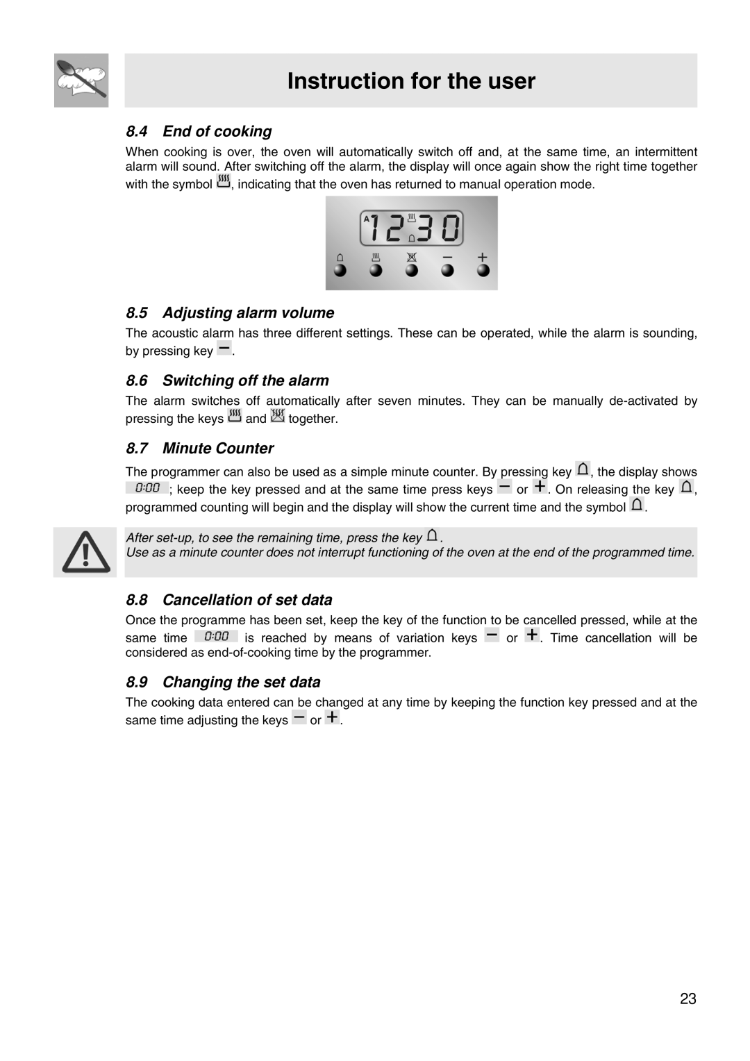 Smeg VA61XVG End of cooking, Adjusting alarm volume, Switching off the alarm, Minute Counter, Cancellation of set data 