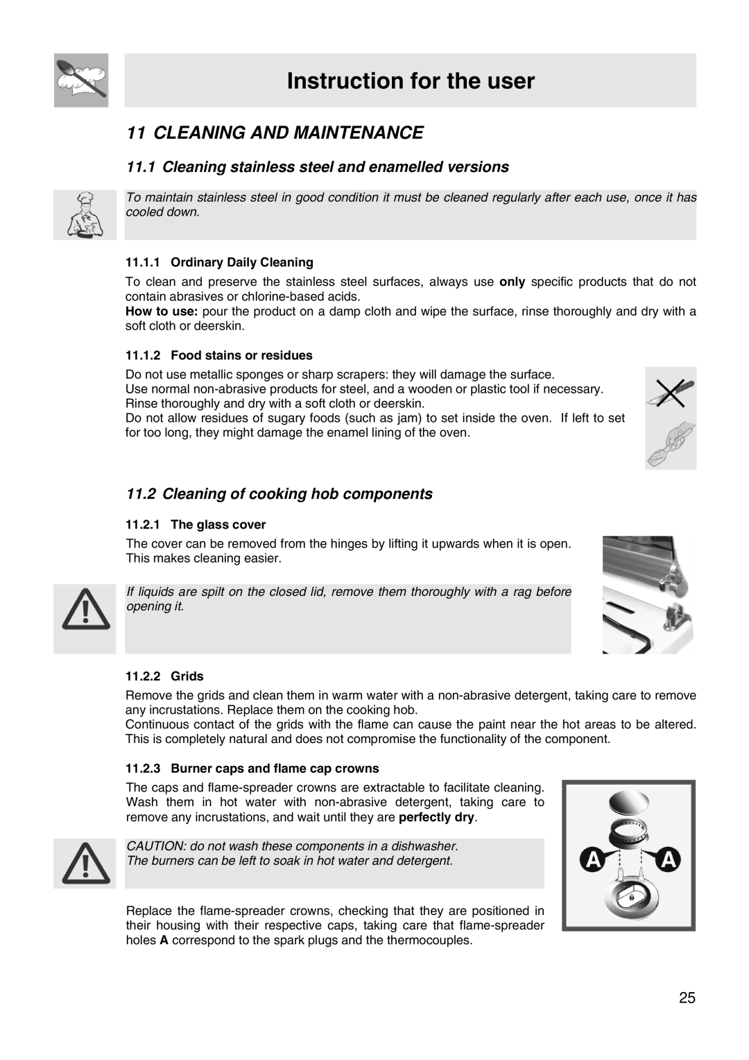 Smeg VA61XVG Cleaning and Maintenance, Cleaning stainless steel and enamelled versions, Cleaning of cooking hob components 