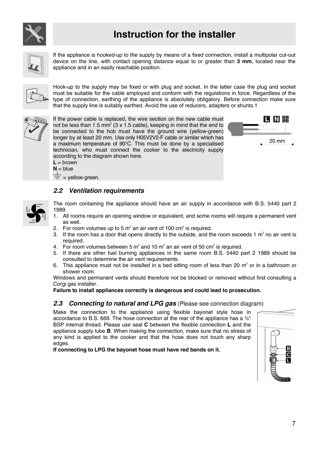 Smeg VA61XVG, VA91XVG manual Ventilation requirements 