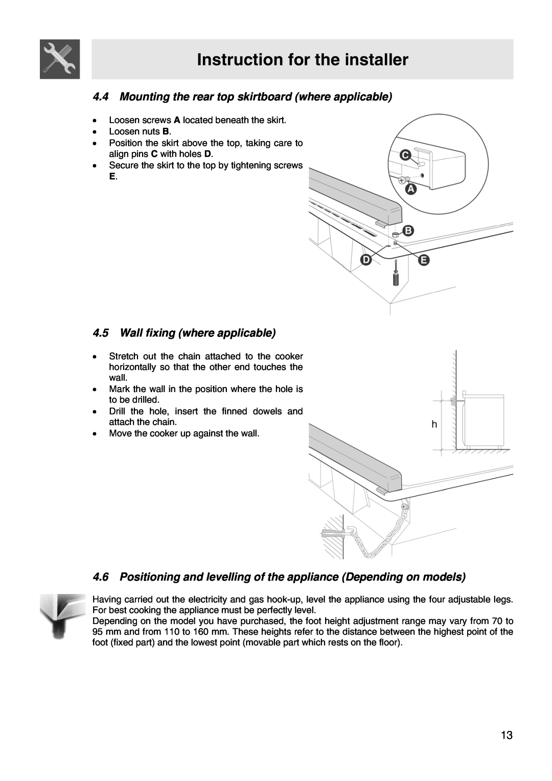 Smeg VA61XVG, VA91XVG manual Mounting the rear top skirtboard where applicable, Wall fixing where applicable 
