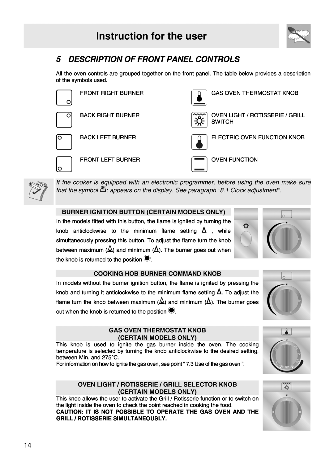 Smeg VA91XVG Instruction for the user, Description Of Front Panel Controls, Burner Ignition Button Certain Models Only 