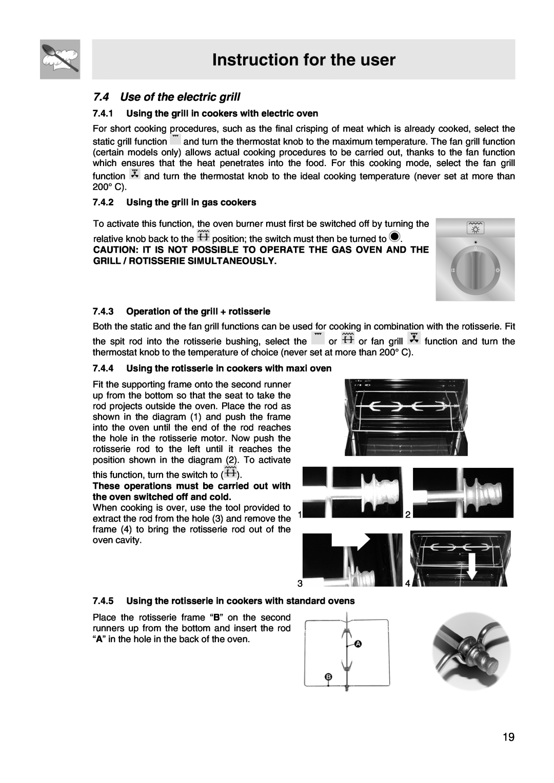 Smeg VA61XVG, VA91XVG Use of the electric grill, Instruction for the user, Using the grill in cookers with electric oven 