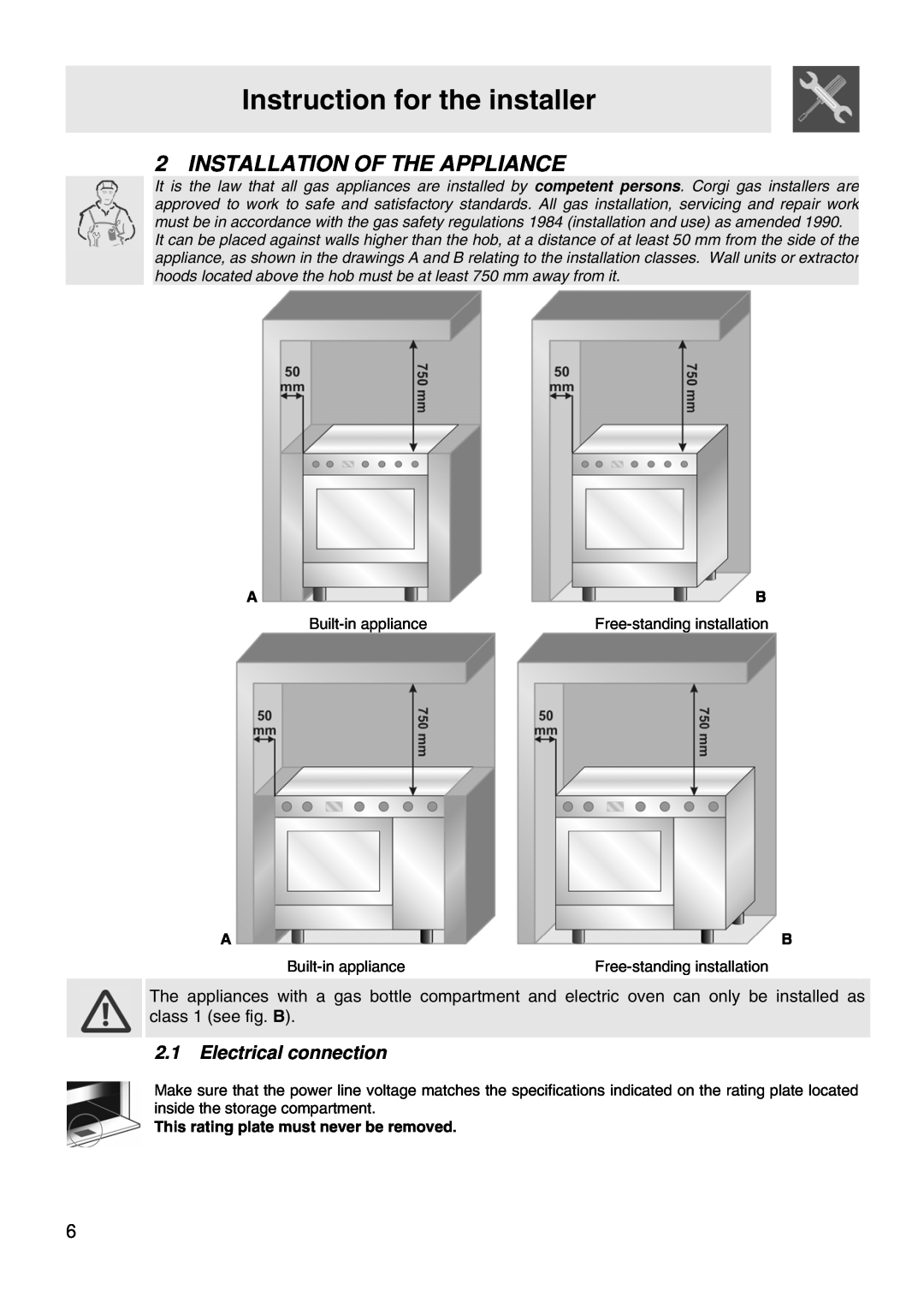 Smeg VA91XVG, VA61XVG manual Instruction for the installer, Installation Of The Appliance, Electrical connection 