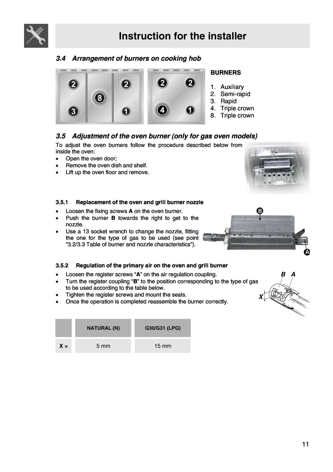 Smeg VA61XVG Arrangement of burners on cooking hob, Adjustment of the oven burner only for gas oven models, Burners, 5 mm 