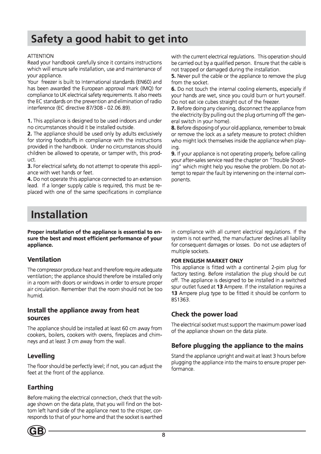 Smeg VR105B specifications Safety a good habit to get into, Installation, Ventilation, Levelling, Earthing 