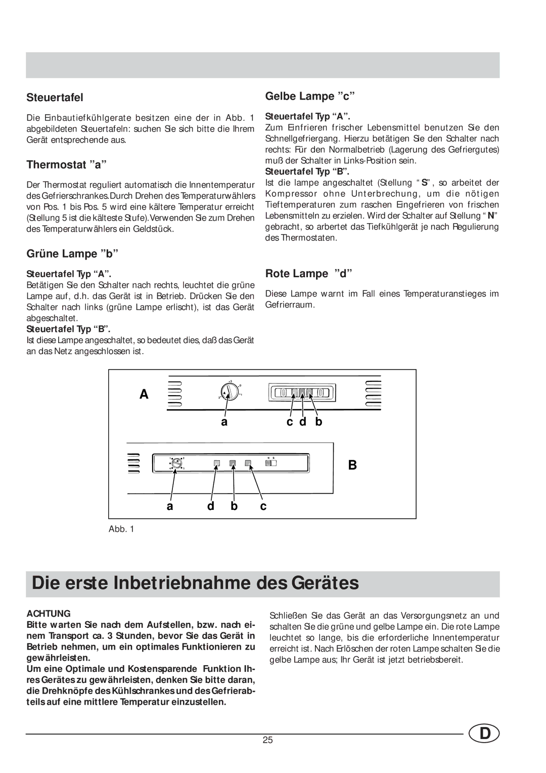 Smeg VR105NE1 manual Die erste Inbetriebnahme des Gerätes, Steuertafel, Thermostat a, Grüne Lampe b, Rote Lampe d 