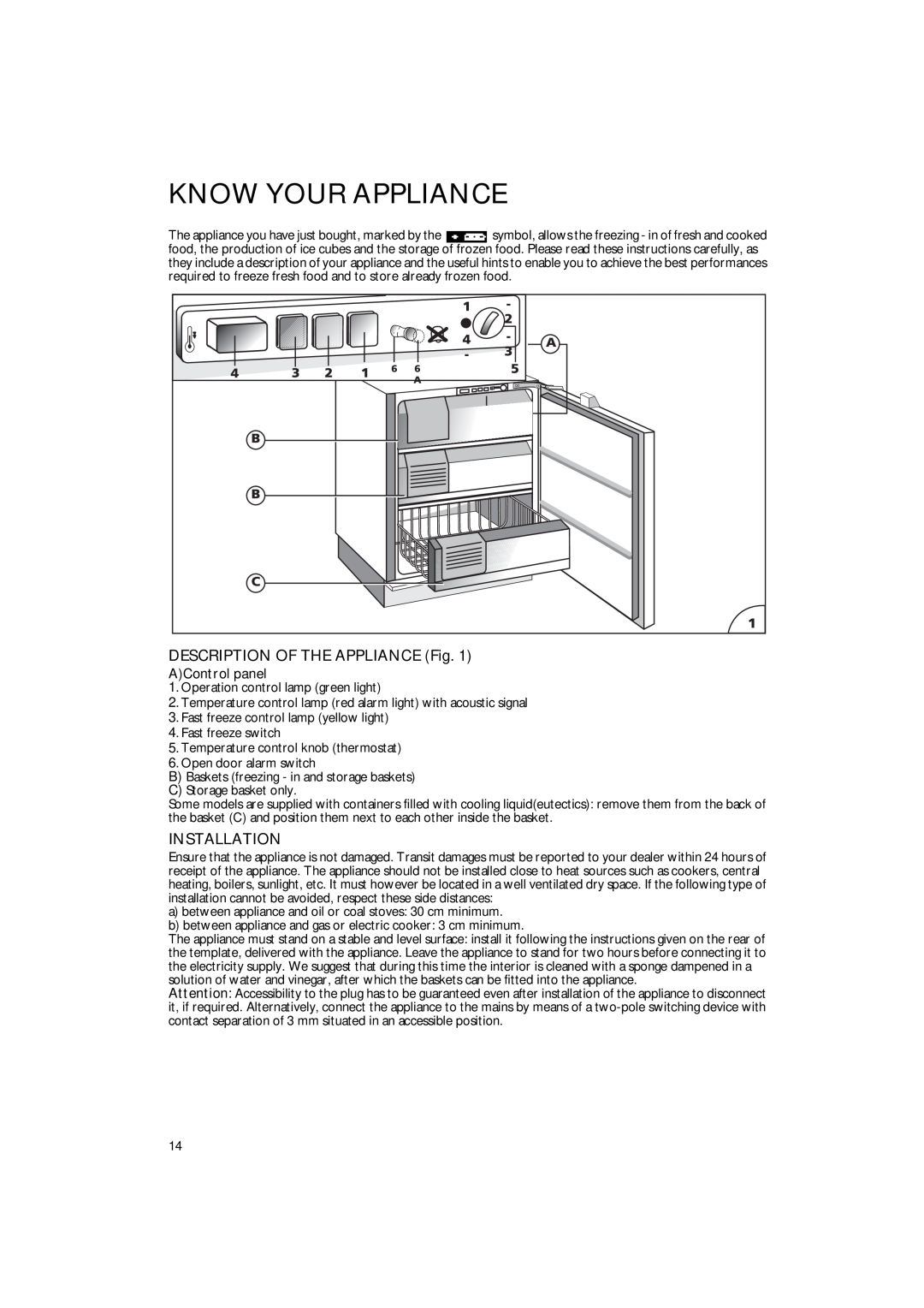 Smeg VR115A manual Know Your Appliance, DESCRIPTION OF THE APPLIANCE Fig, Installation, AControl panel 