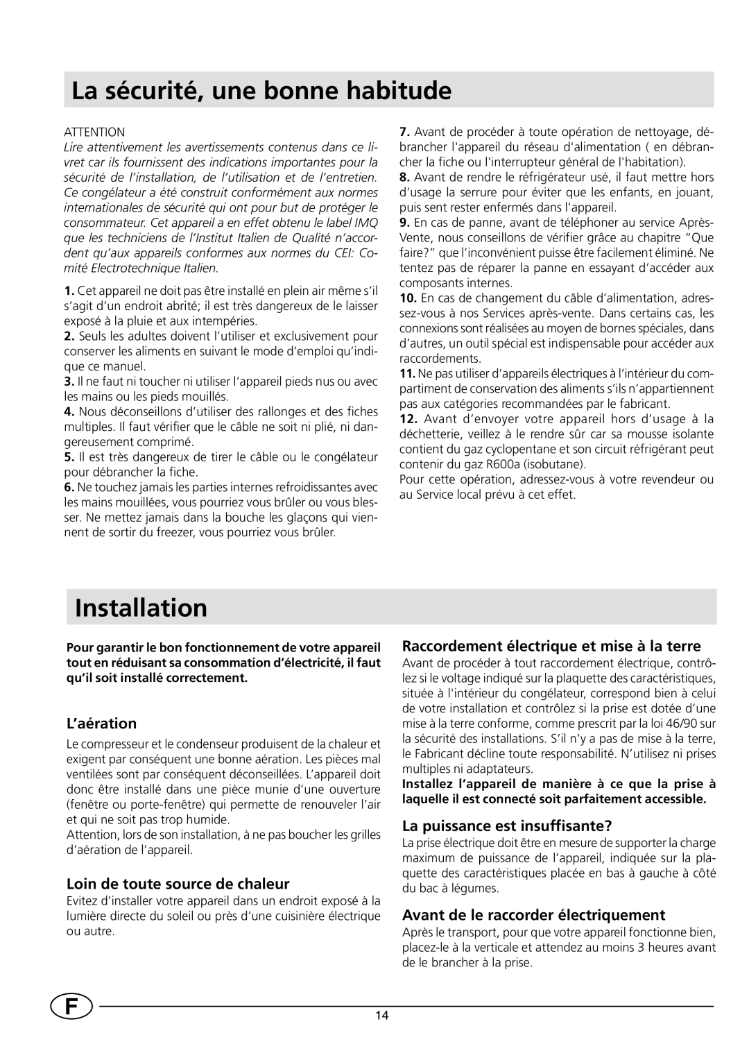 Smeg VR120B manual La sécurité, une bonne habitude, Installation 