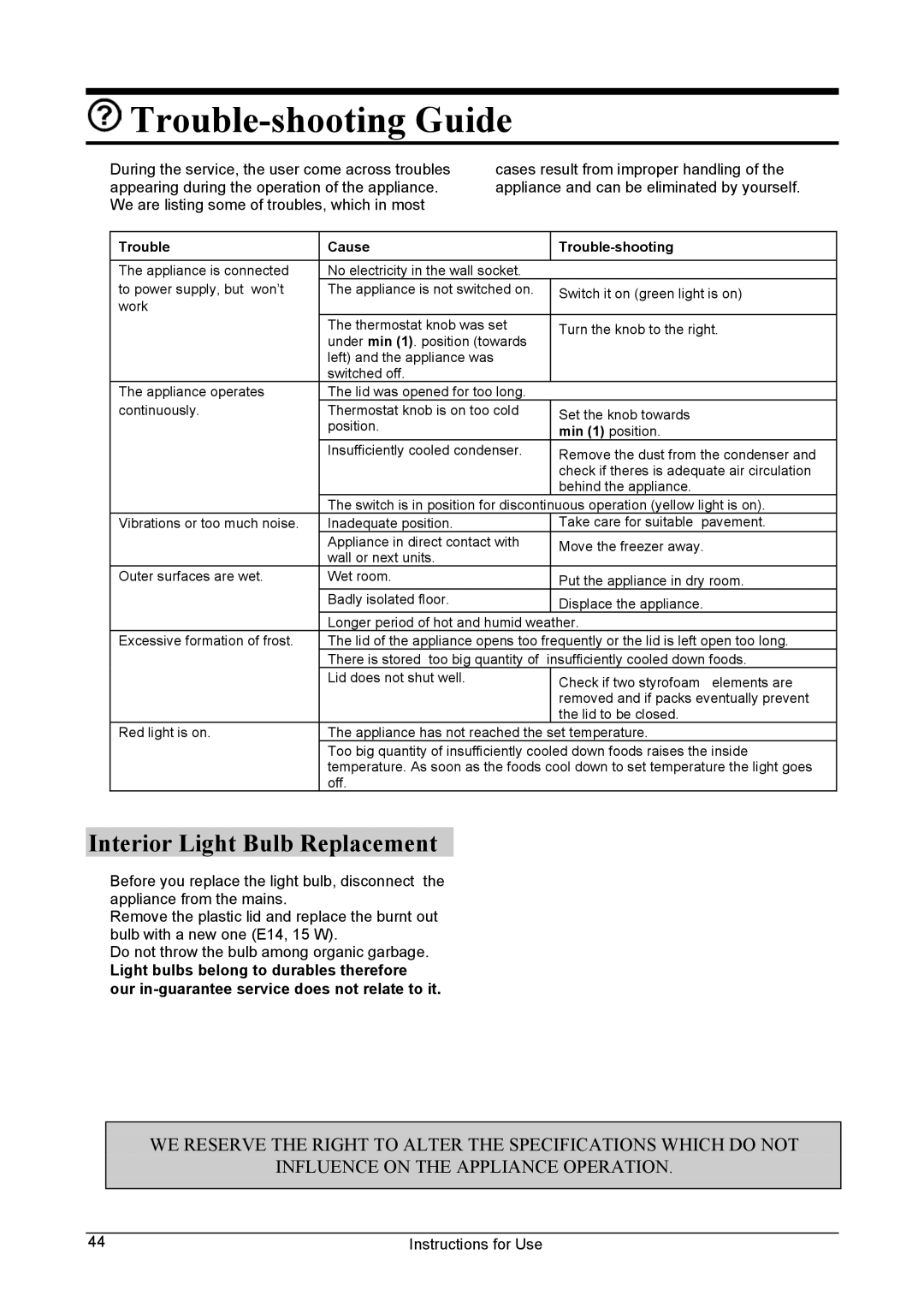 Smeg WCP32SB manual Trouble-shooting Guide, Interior Light Bulb Replacement 