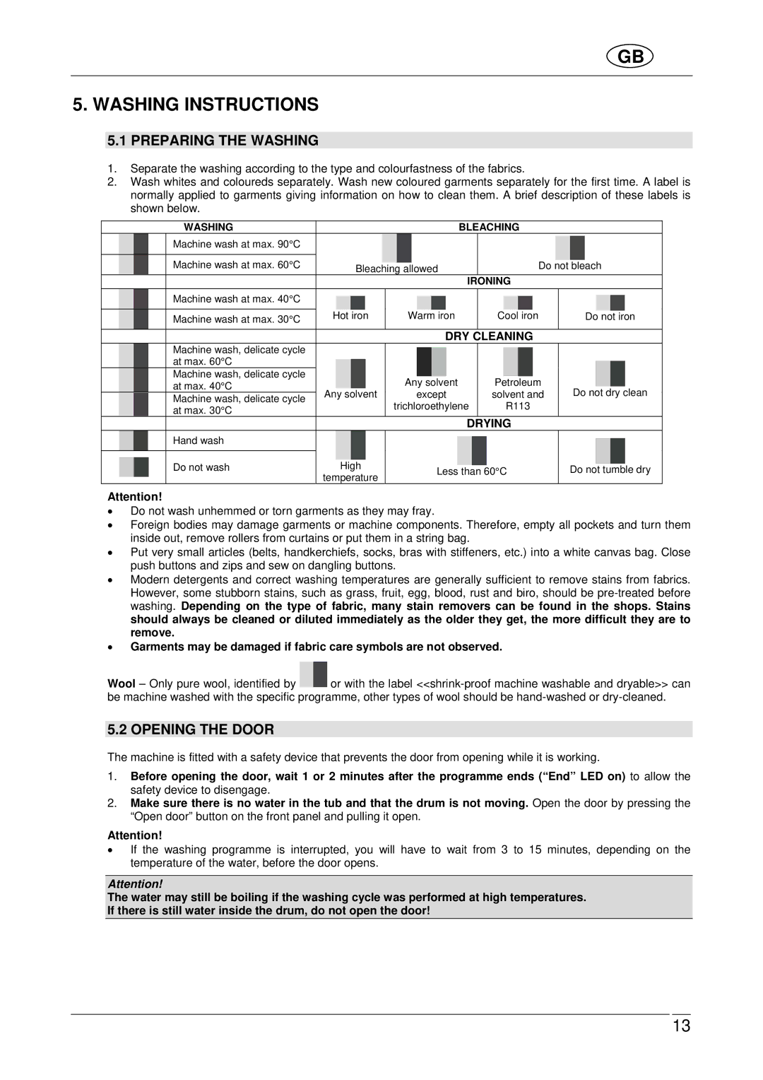 Smeg WDF16BAX manual Washing Instructions, Preparing the Washing, Opening the Door 