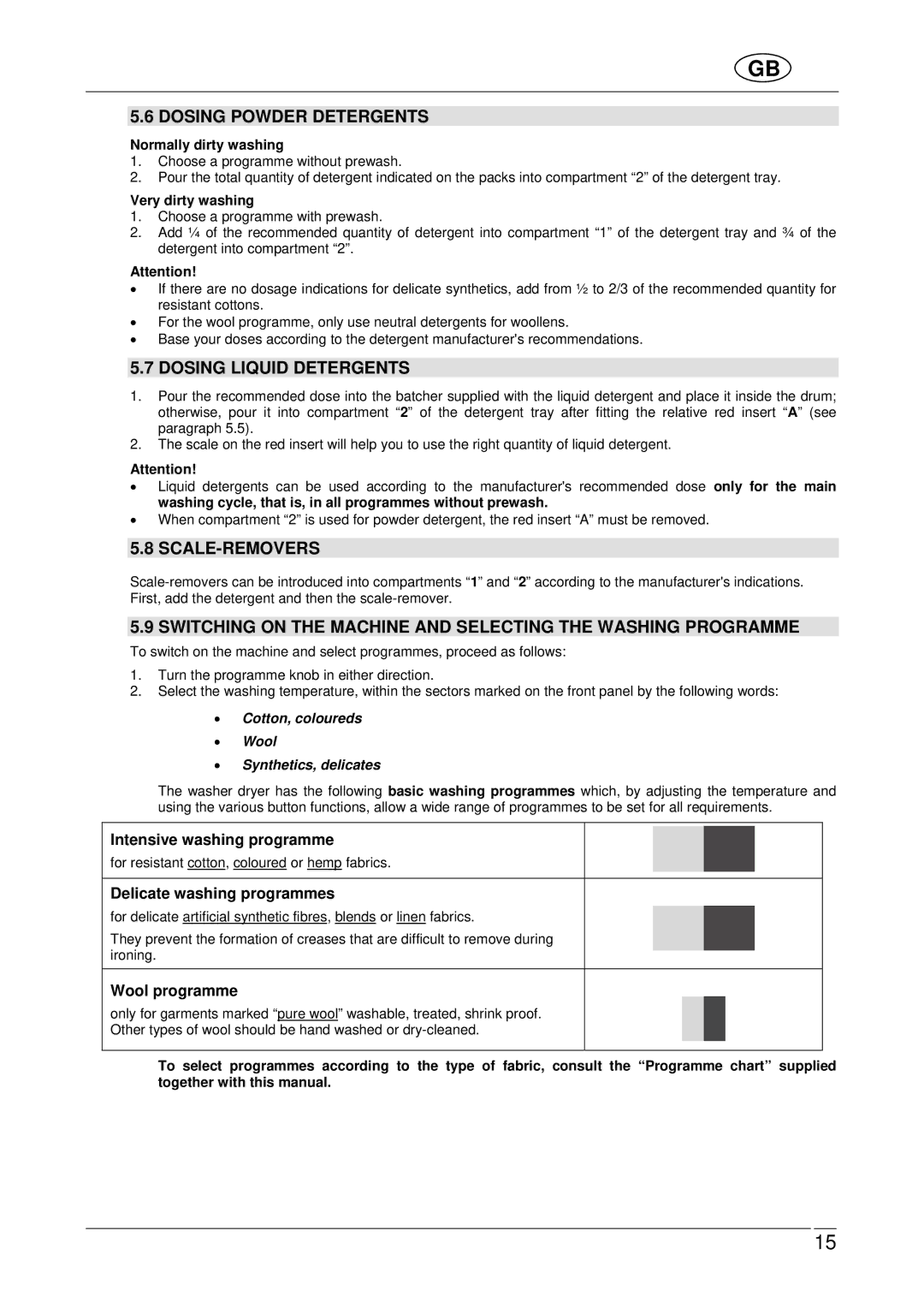 Smeg WDF16BAX manual Dosing Powder Detergents, Dosing Liquid Detergents, Scale-Removers 