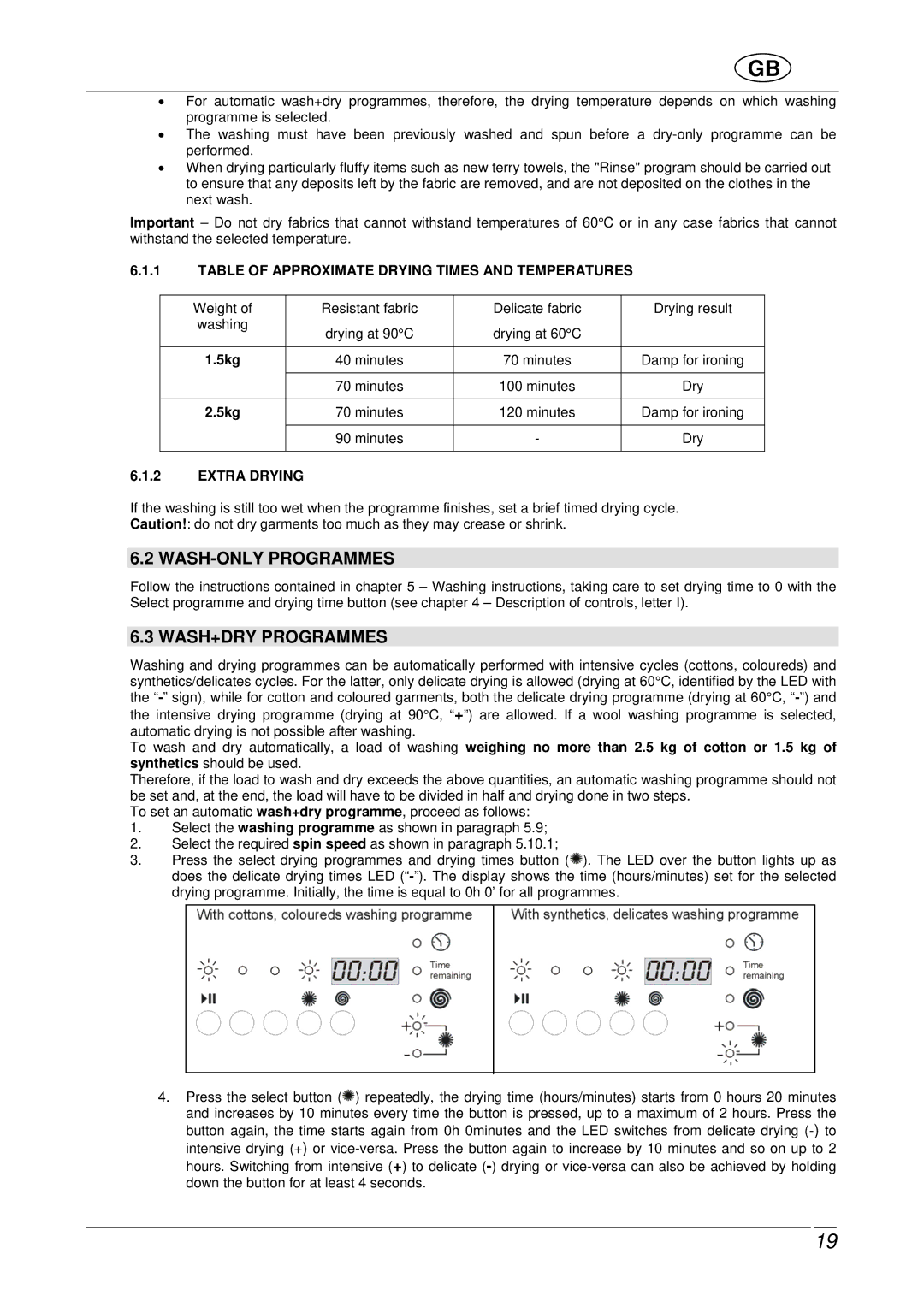 Smeg WDF16BAX manual WASH-ONLY Programmes, WASH+DRY Programmes 