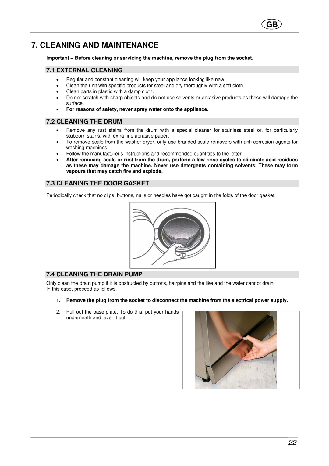 Smeg WDF16BAX manual Cleaning and Maintenance, External Cleaning, Cleaning the Drum, Cleaning the Door Gasket 