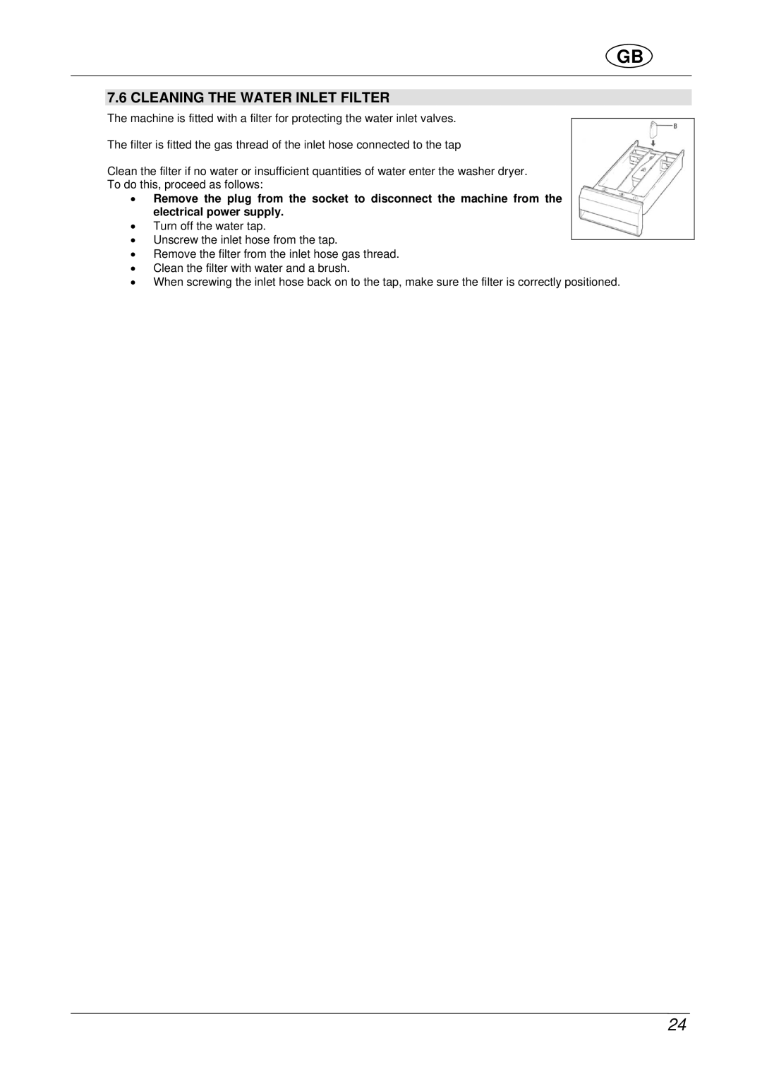 Smeg WDF16BAX manual Cleaning the Water Inlet Filter 