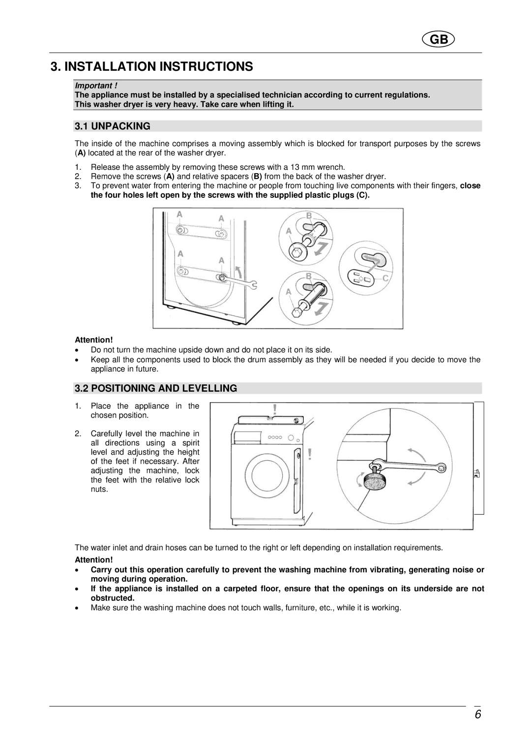 Smeg WDF16BAX manual Installation Instructions, Unpacking, Positioning and Levelling 