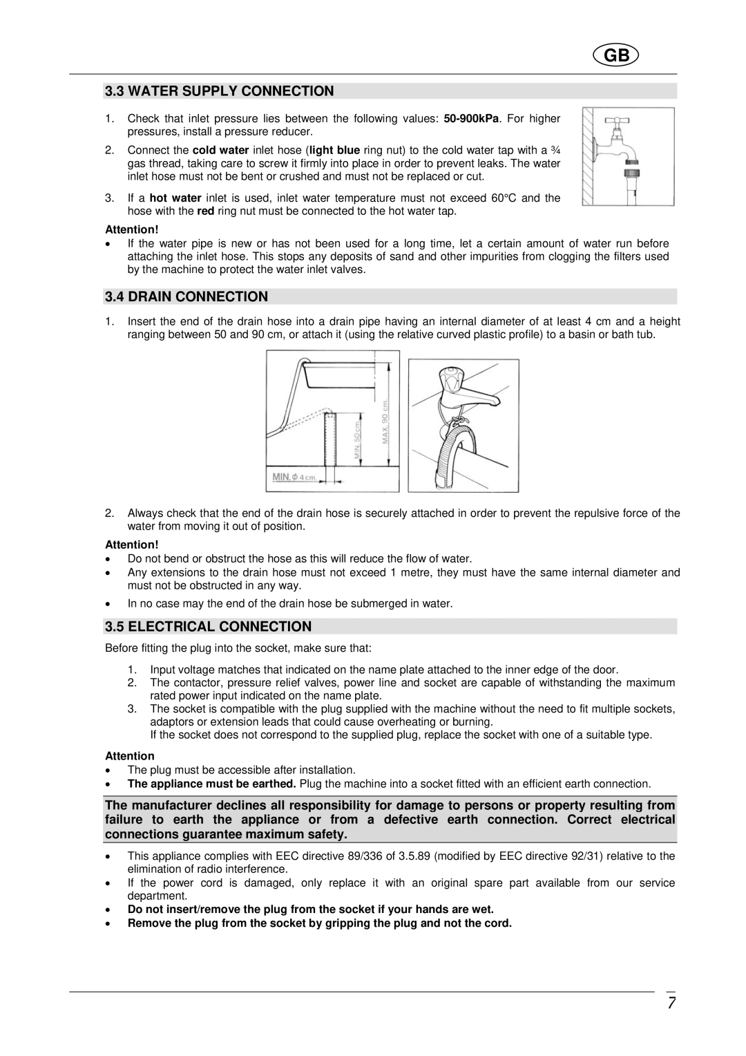 Smeg WDF16BAX manual Water Supply Connection, Drain Connection, Electrical Connection 