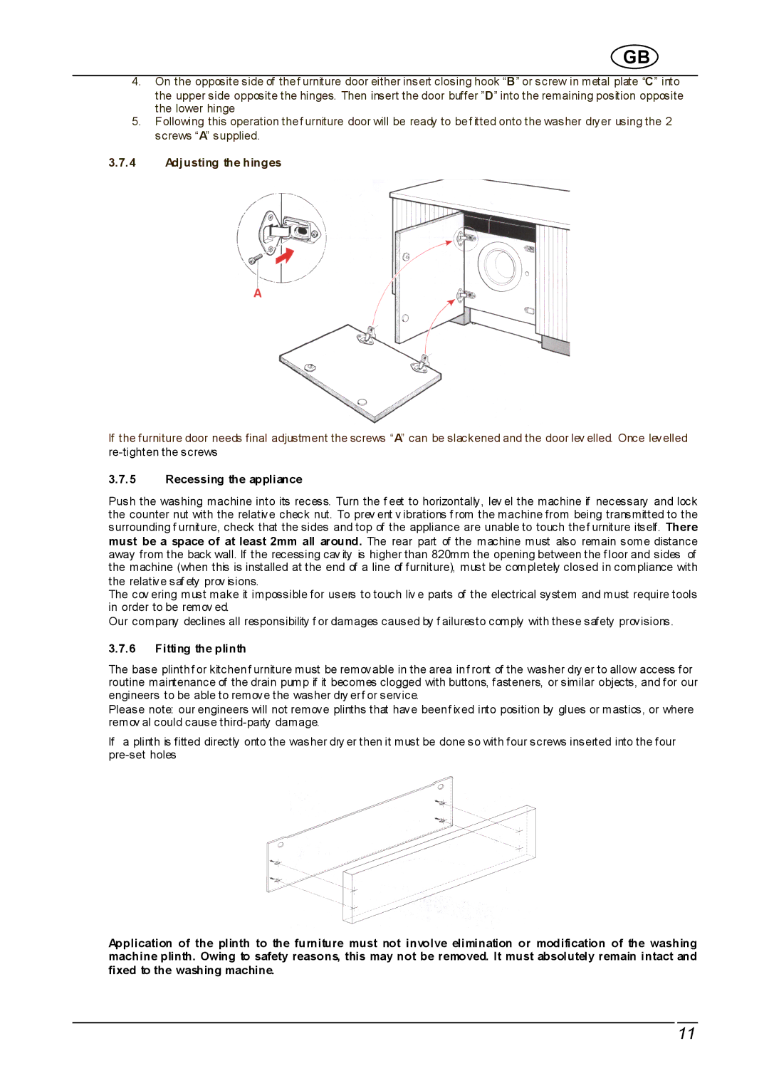 Smeg WDI12C instruction manual Recessing the appliance, Fitting the plinth 