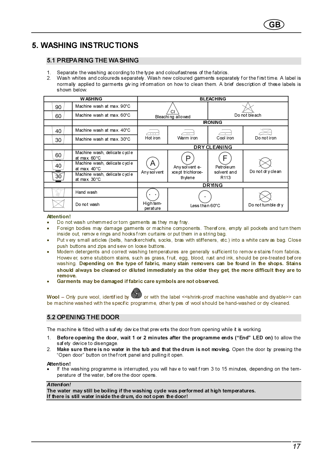 Smeg WDI12C instruction manual Washing Instructions, Preparing the Washing, Opening the Door 