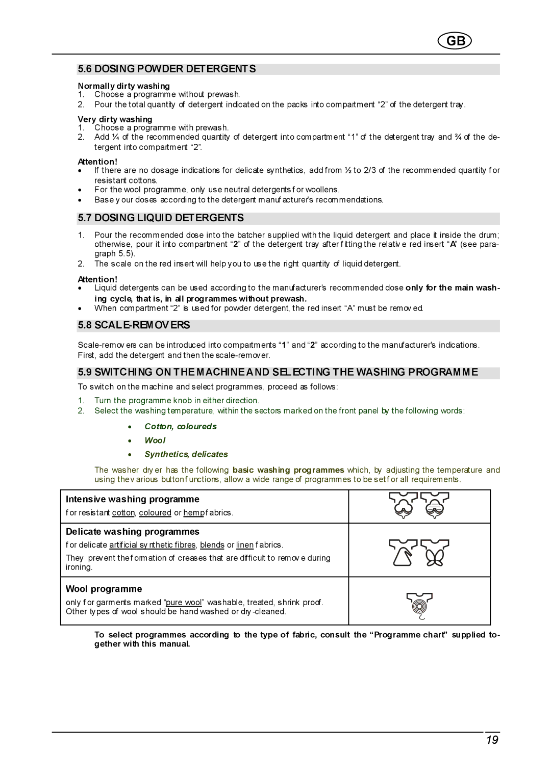 Smeg WDI12C instruction manual Dosing Powder Detergents, Dosing Liquid Detergents, Scale-Remov Ers 