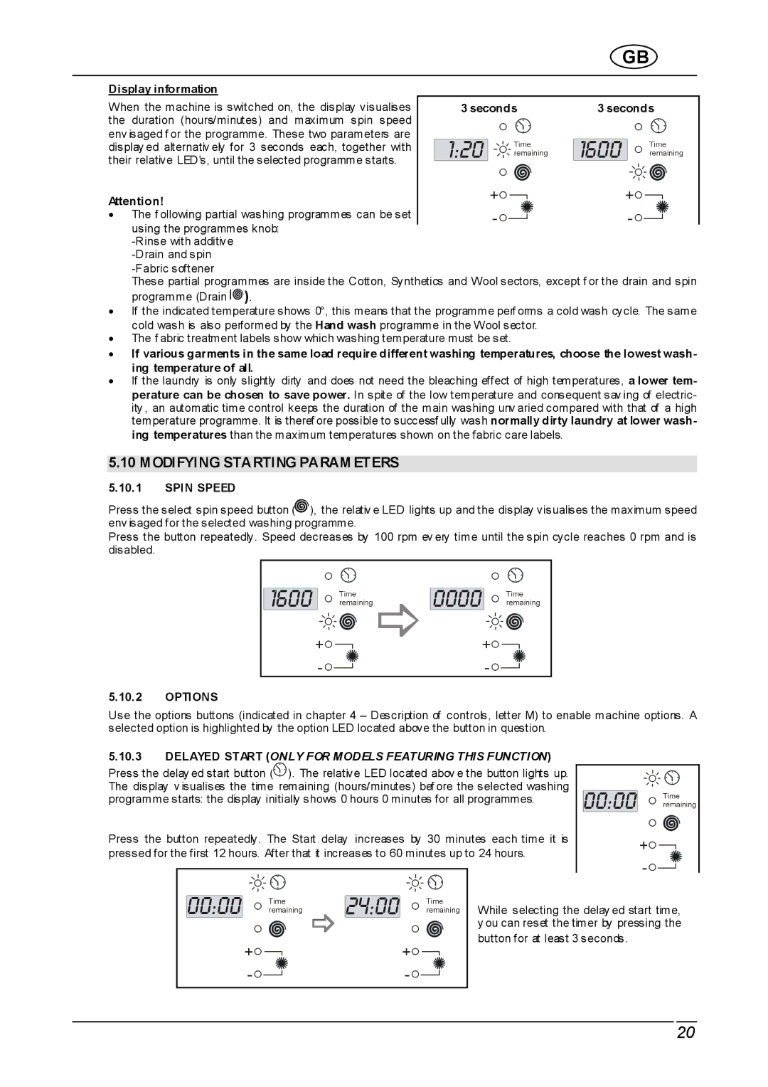 Smeg WDI12C instruction manual Modifying Starting Param Eters, Options 