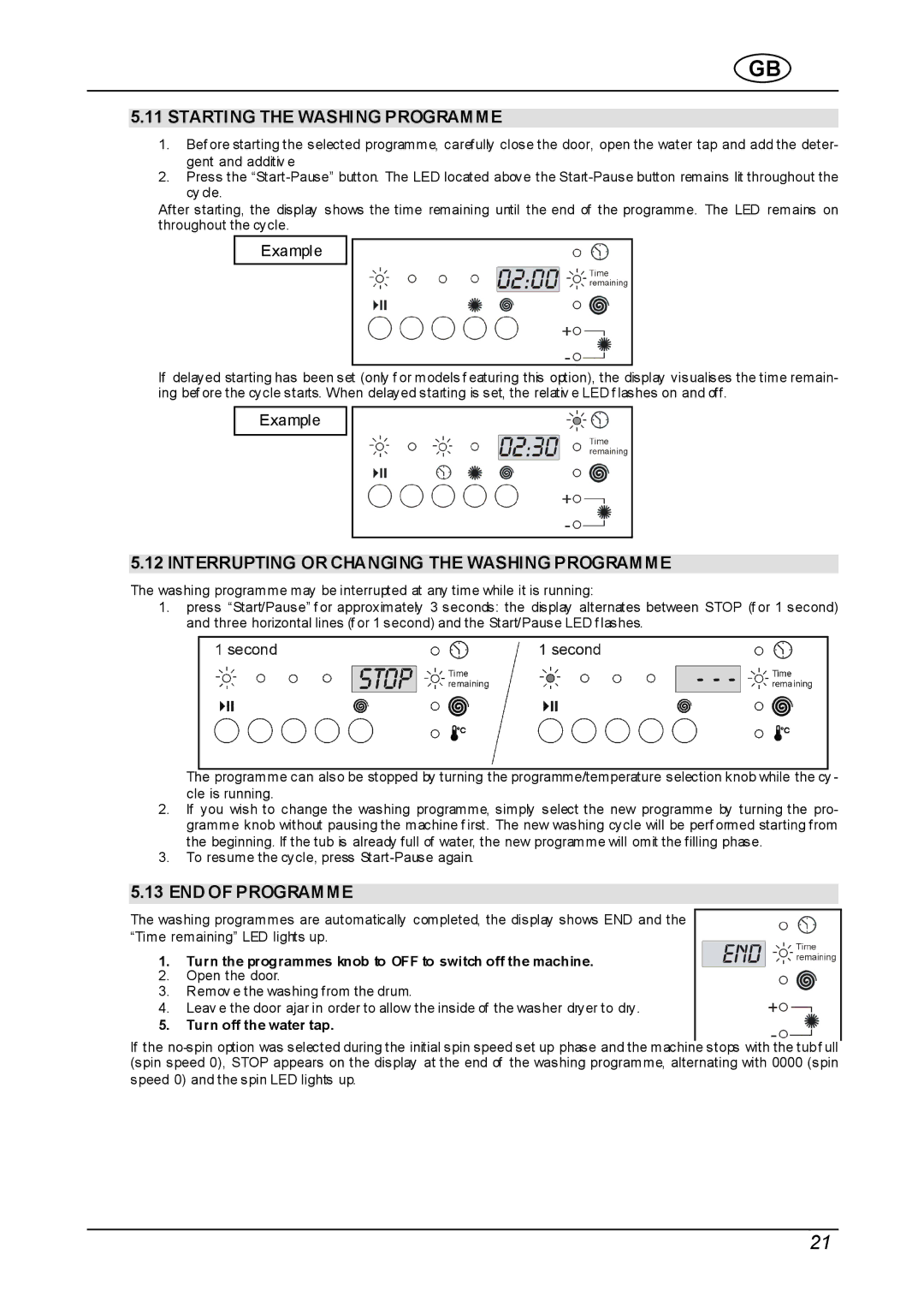 Smeg WDI12C Starting the Washing Programme, Interrupting or Changing the Washing Programme, END of Programme 