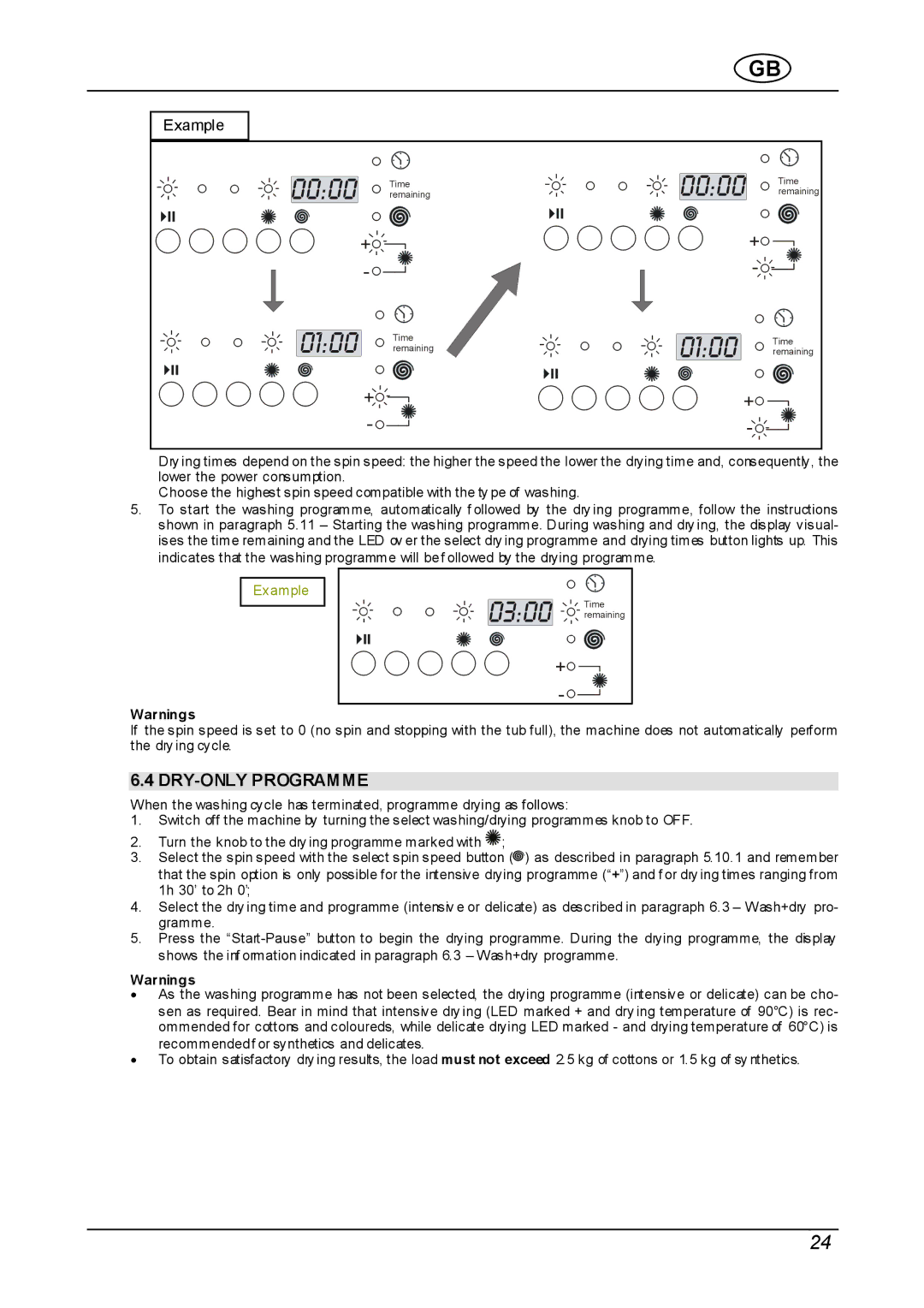 Smeg WDI12C instruction manual DRY-ONLY Programme, Example 