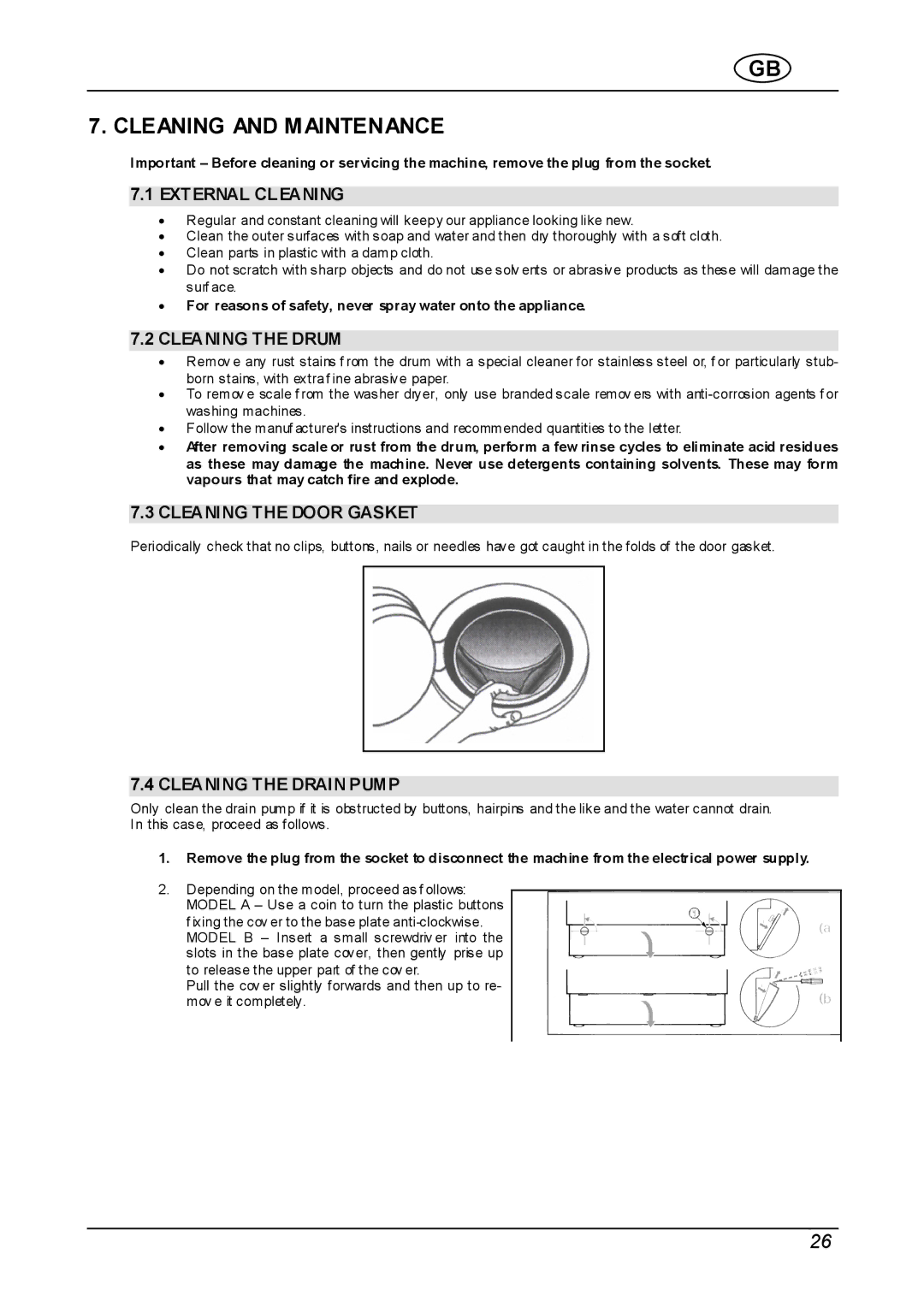 Smeg WDI12C instruction manual Cleaning and Maintenance, External Cleaning, Cleaning the Drum, Cleaning the Door Gasket 