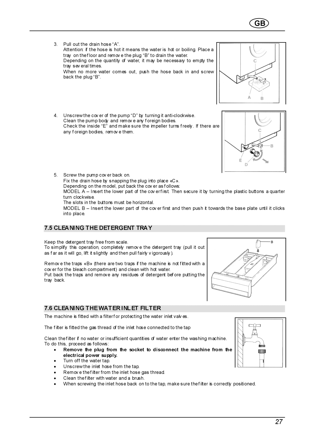 Smeg WDI12C instruction manual Cleaning the Detergent Tray, Cleaning the Water Inlet Filter 