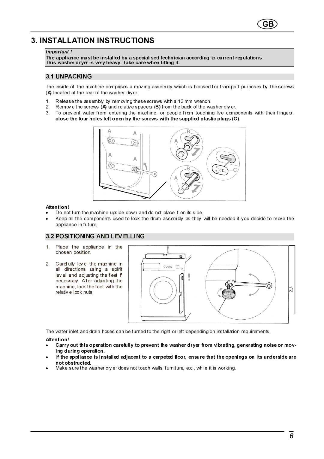 Smeg WDI12C instruction manual Installation Instructions, Unpacking 