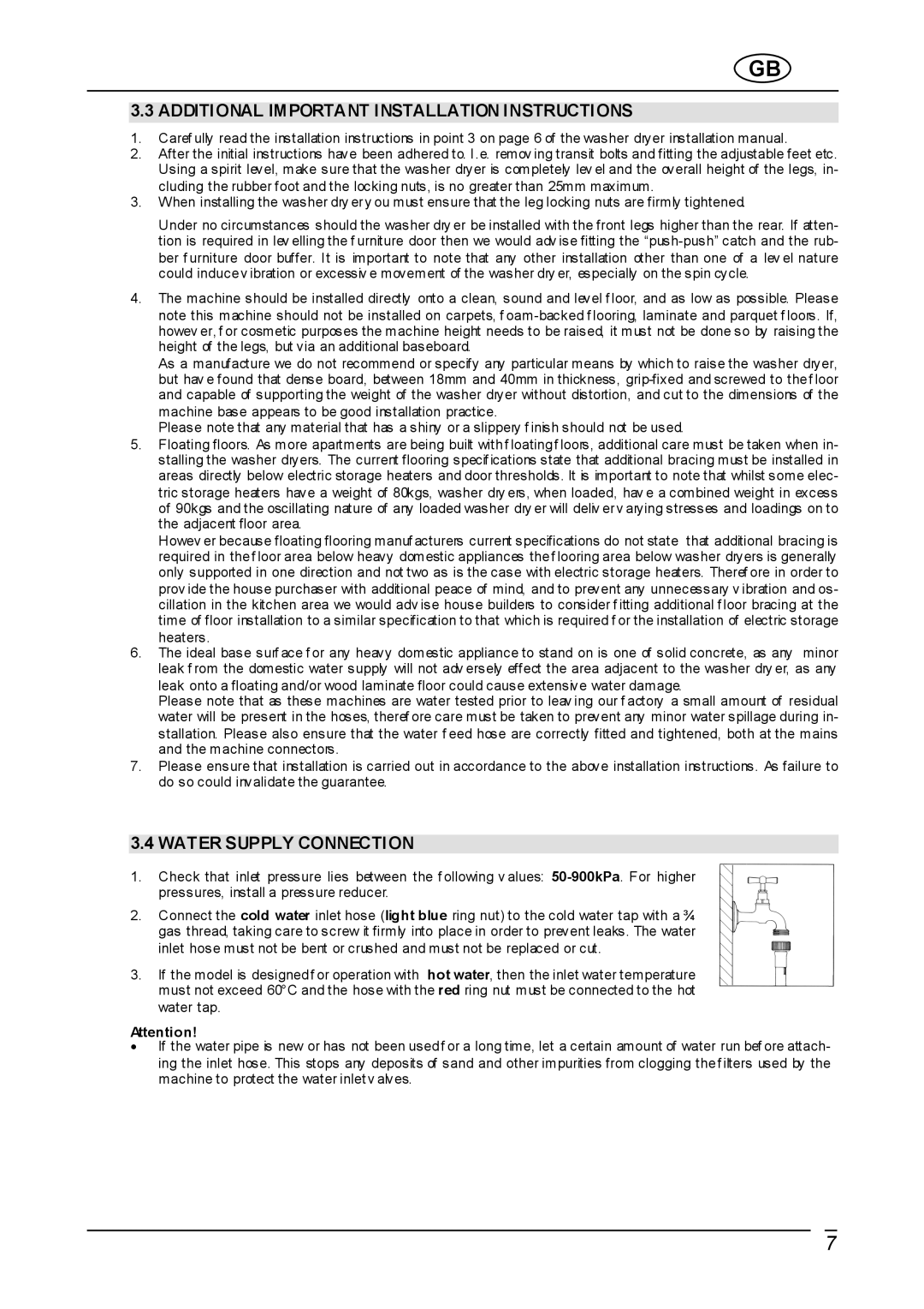 Smeg WDI12C instruction manual Additional Important Installation Instructions, Water Supply Connection 