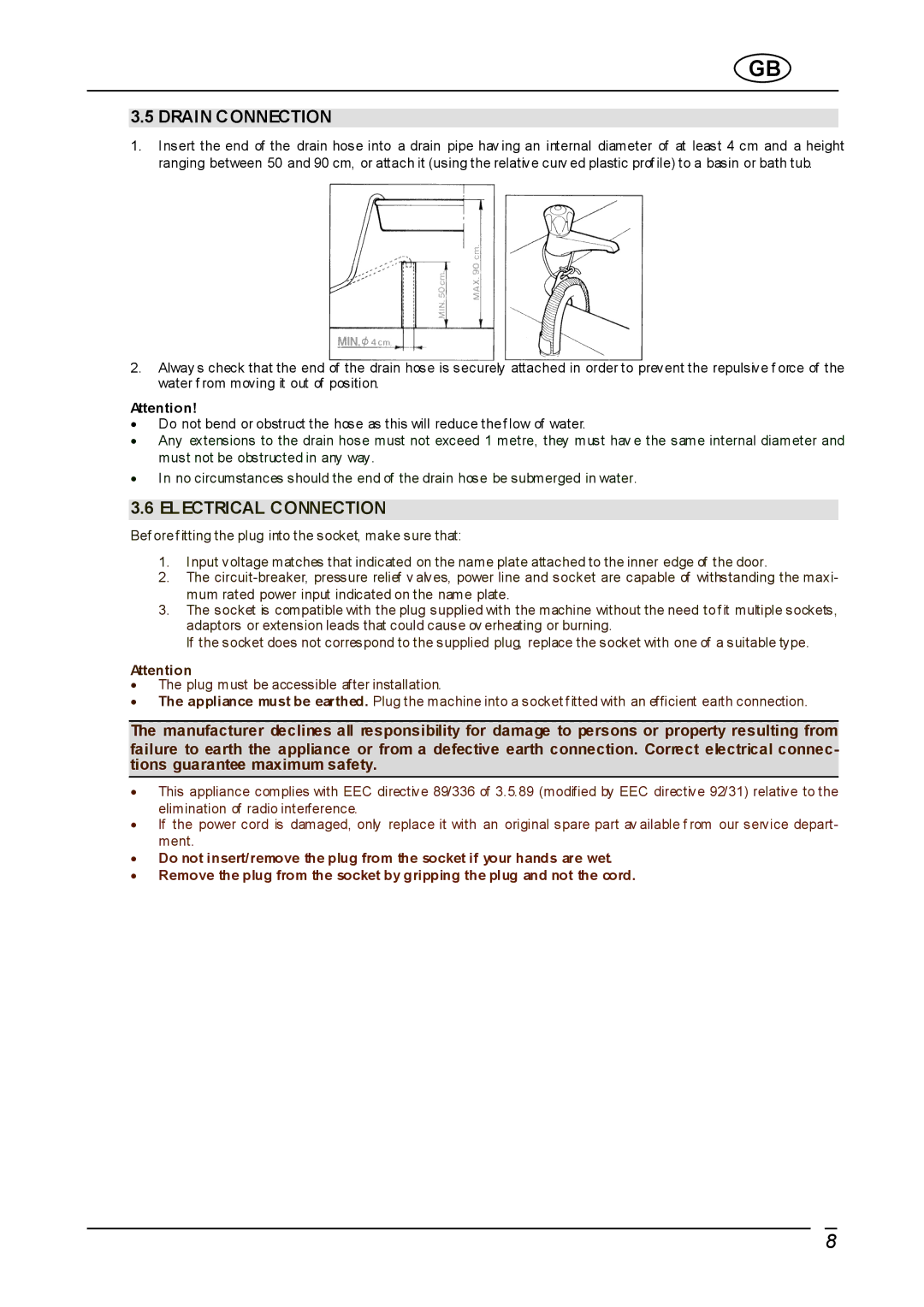 Smeg WDI12C instruction manual Drain Connection, Electrical Connection 