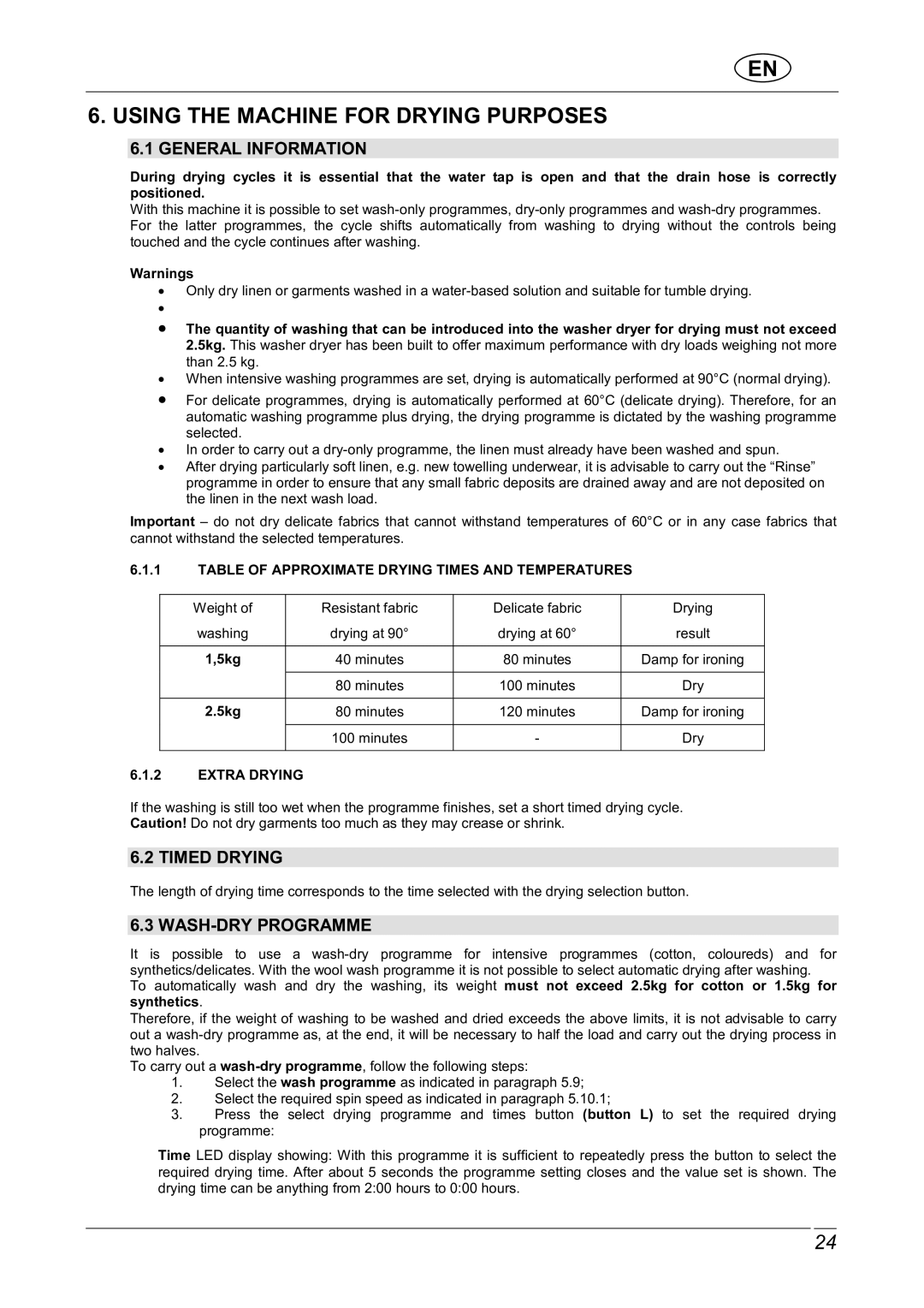 Smeg WDI12C1 manual Using the Machine for Drying Purposes, General Information, Timed Drying, WASH-DRY Programme 