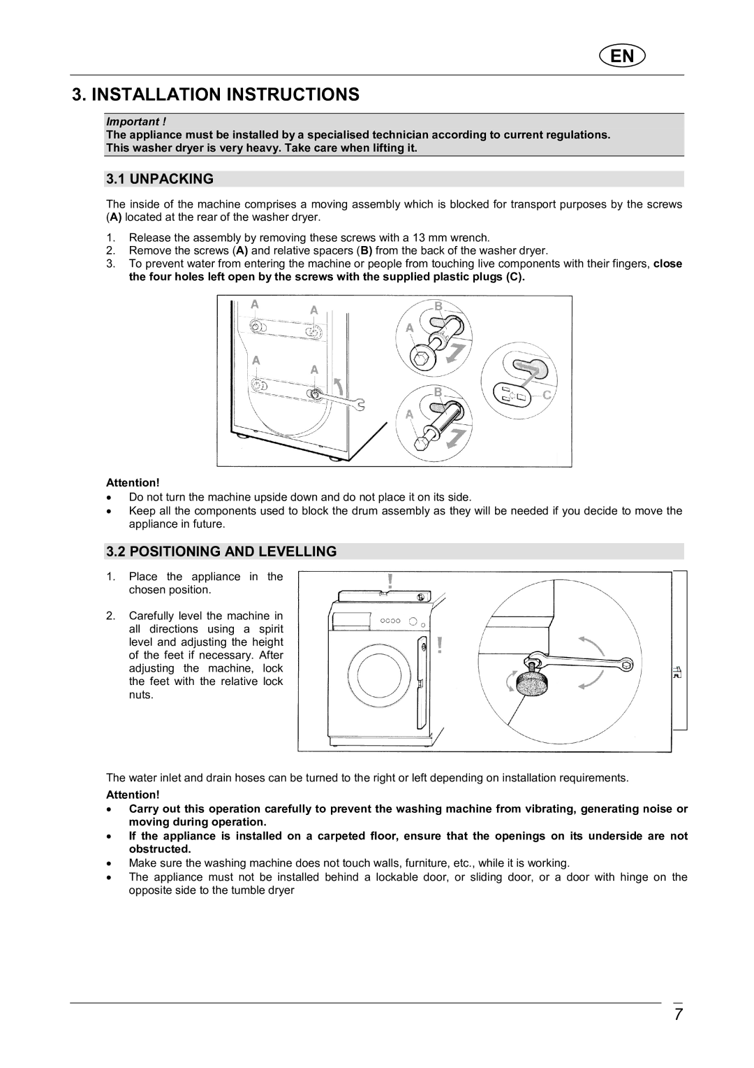 Smeg WDI12C1 manual Installation Instructions, Unpacking, Positioning and Levelling 