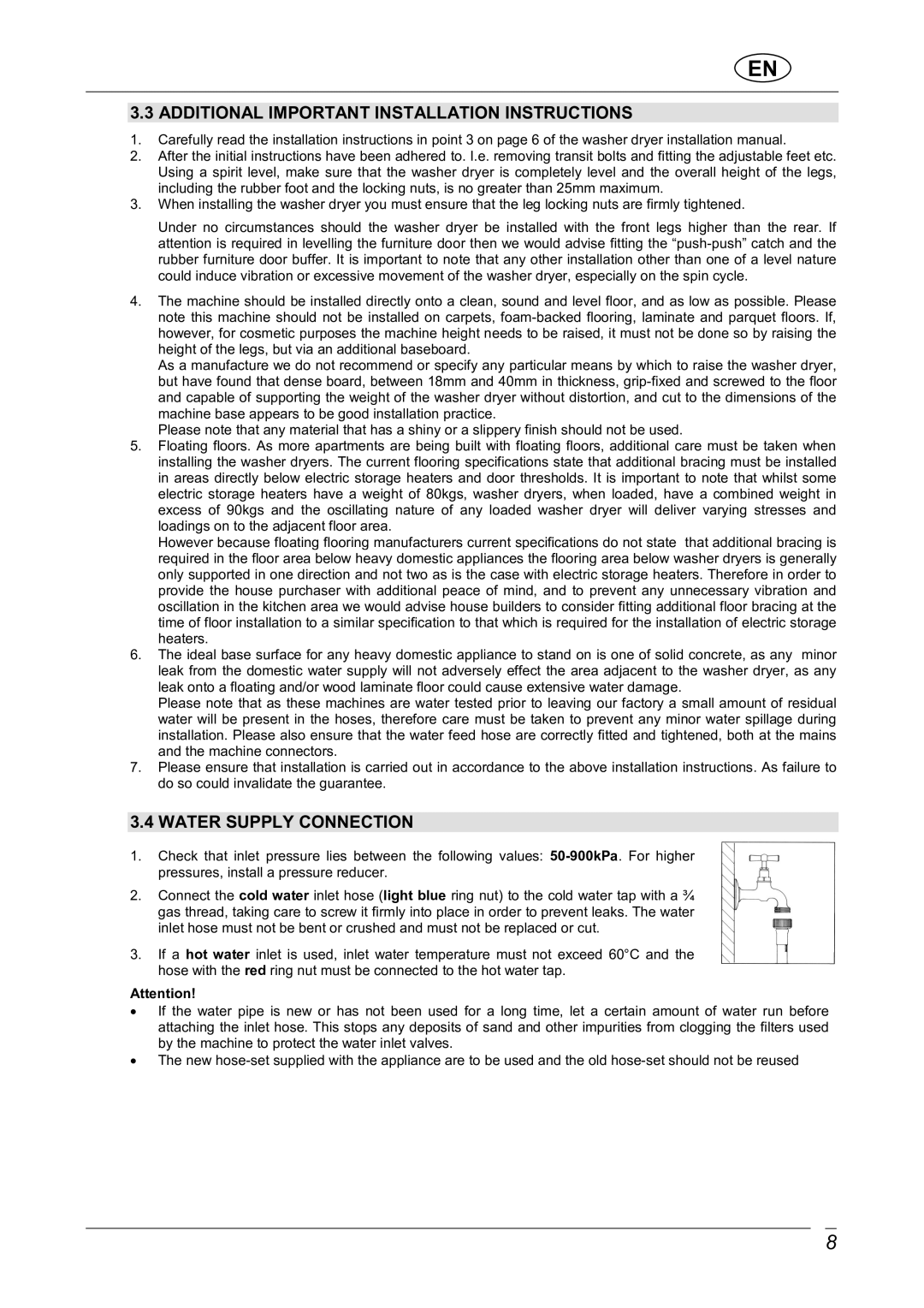 Smeg WDI12C1 manual Additional Important Installation Instructions, Water Supply Connection 