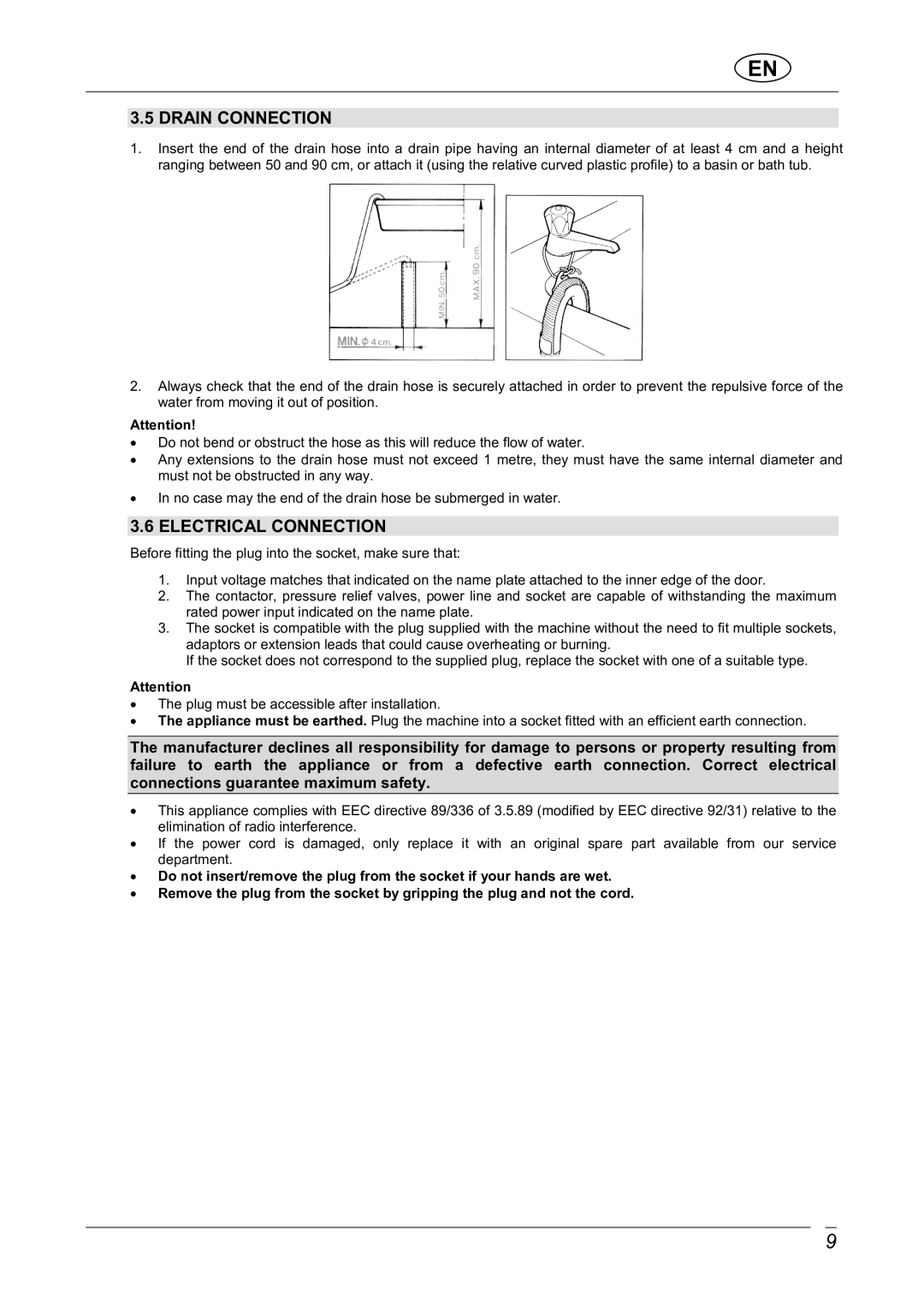 Smeg WDI12C1 manual Drain Connection, Electrical Connection 