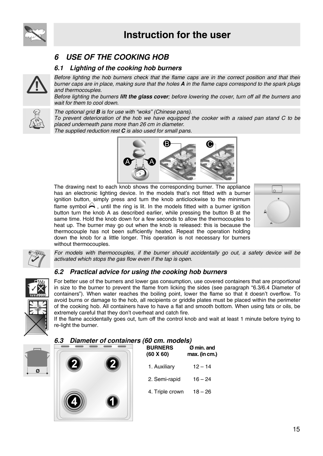 Smeg WIL61BVM USE of the Cooking HOB, Lighting of the cooking hob burners, Diameter of containers 60 cm. models, 60 X 