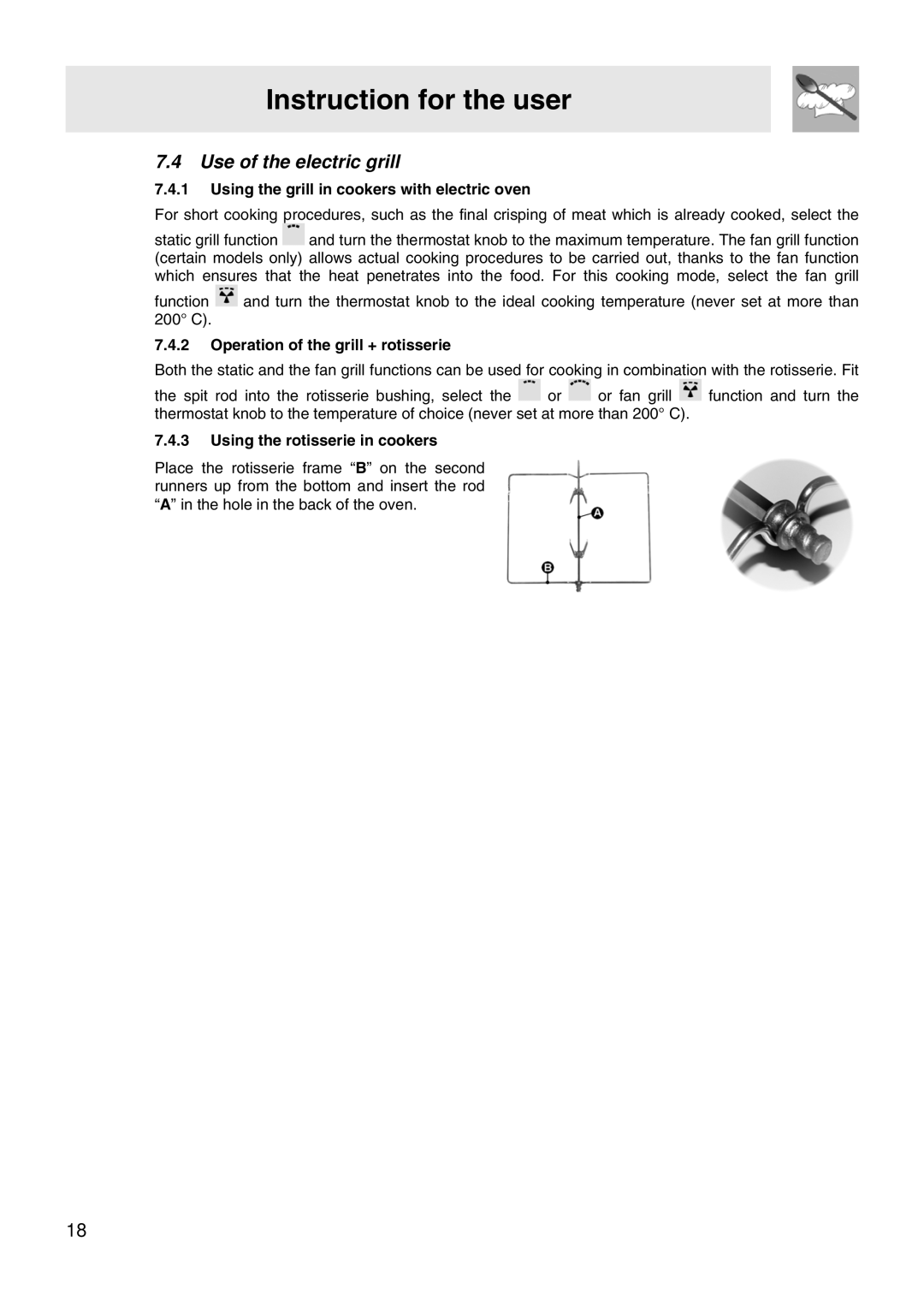 Smeg WIL61BVM Use of the electric grill, Using the grill in cookers with electric oven, Using the rotisserie in cookers 