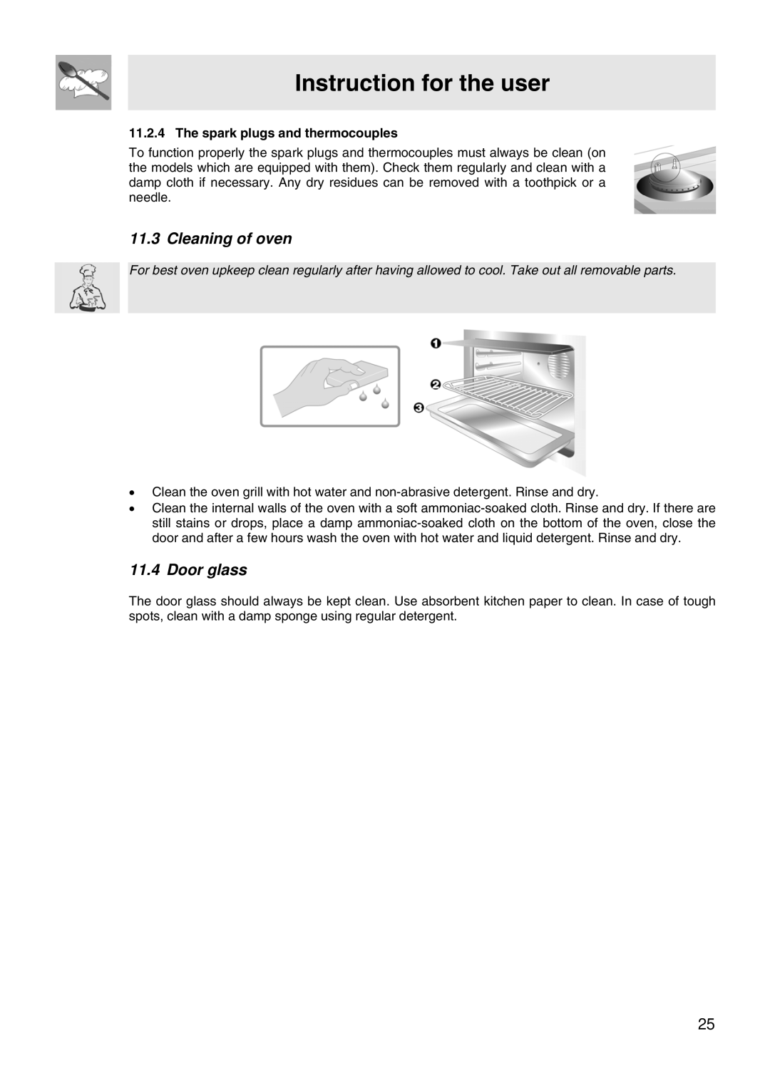 Smeg WIL61BVM manual Cleaning of oven, Door glass, Spark plugs and thermocouples 