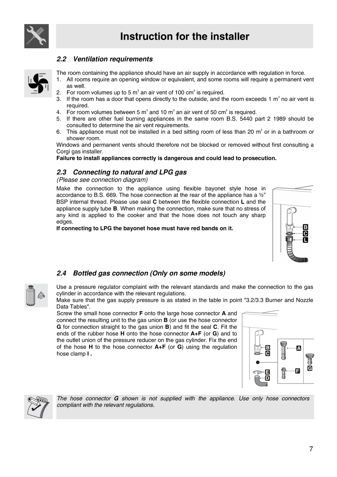 Smeg WIL61BVM Ventilation requirements, Connecting to natural and LPG gas, Bottled gas connection Only on some models 