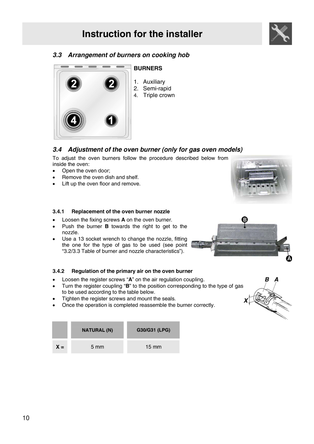 Smeg WIL61BVM manual Arrangement of burners on cooking hob, Adjustment of the oven burner only for gas oven models, 15 mm 