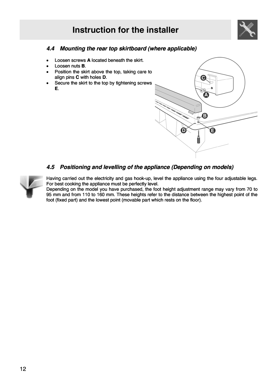Smeg WIL61BVM manual Instruction for the installer, Loosen screws A located beneath the skirt 