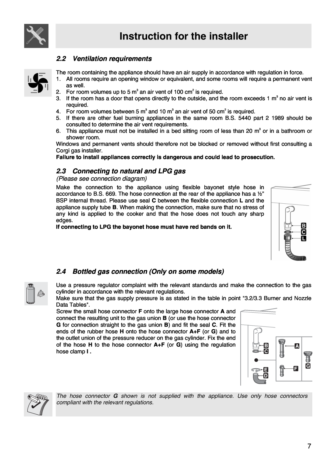 Smeg WIL61BVM manual 2.2Ventilation requirements, 2.3Connecting to natural and LPG gas, Instruction for the installer 