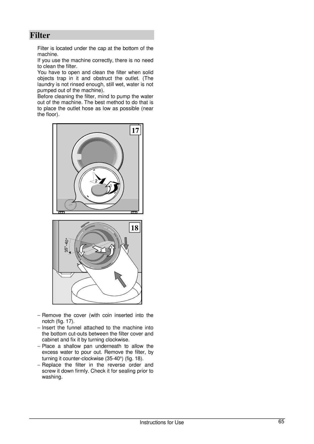 Smeg WLB500T manual Filter 