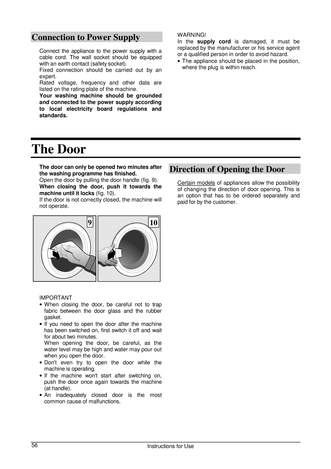 Smeg WLB500T manual Connection to Power Supply, Direction of Opening the Door 