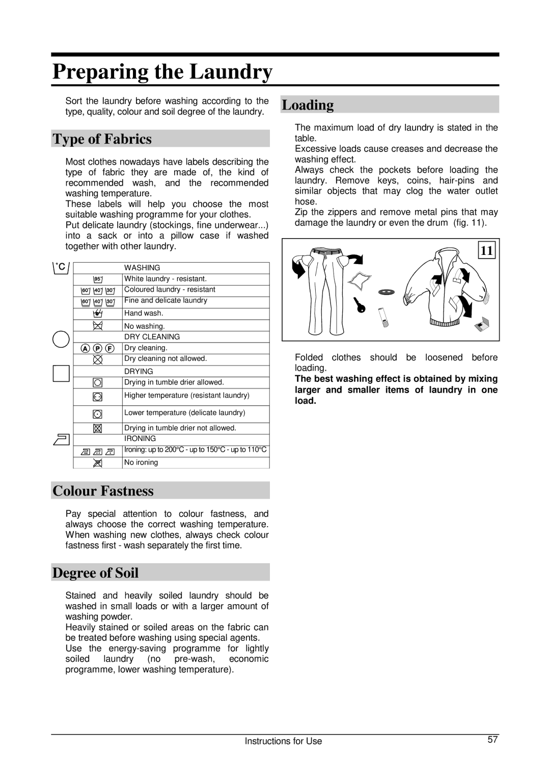 Smeg WLB500T manual Preparing the Laundry, Type of Fabrics, Colour Fastness, Degree of Soil, Loading 